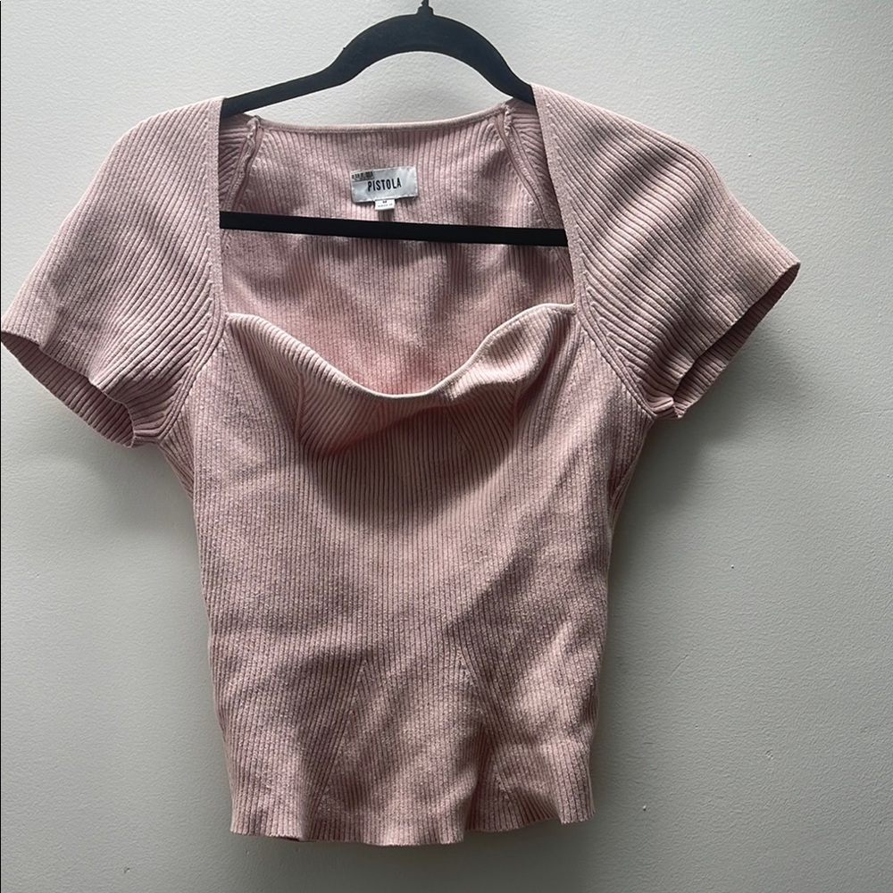Pistola Fitted Ribbed Pink Short Sleeve Blouse